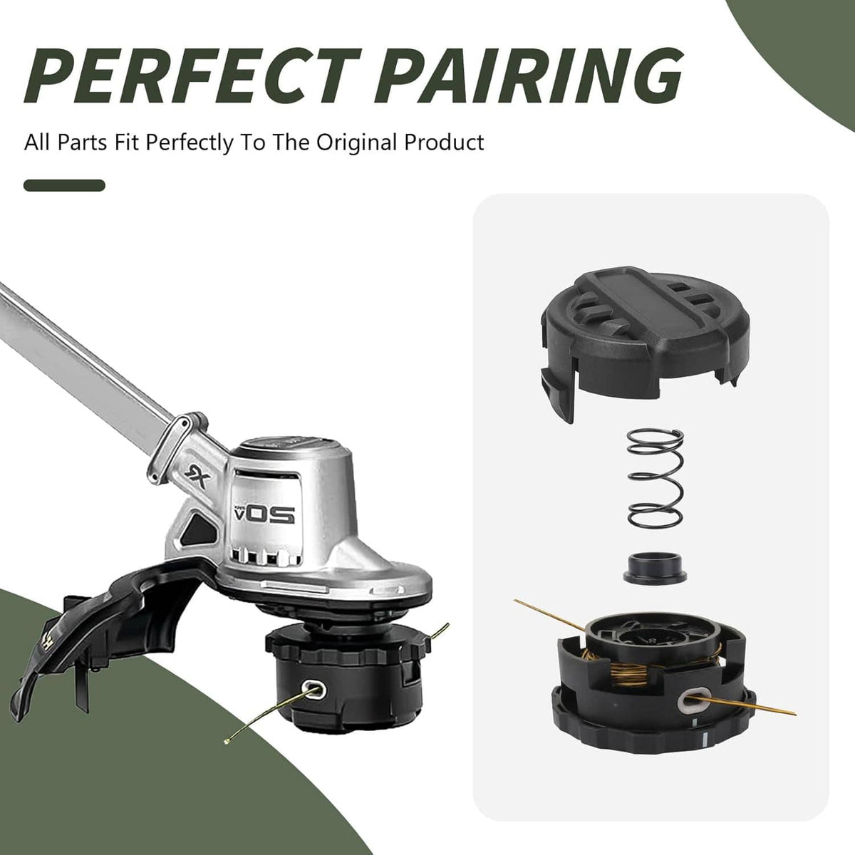 Weed trimmer head cap replacement set with black cap housing and coil spring