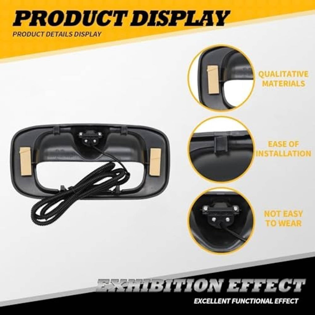 Rear tailgate handle camera assembly with wiring and mounting clips shown