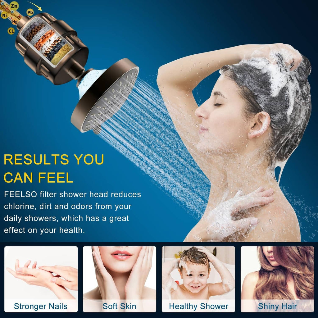 Oil-rubbed bronze shower head spraying water, with filter cartridge window visible
