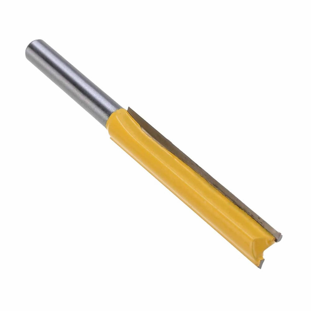 Close-up of a long straight router bit with yellow double-flute cutter and silver shank