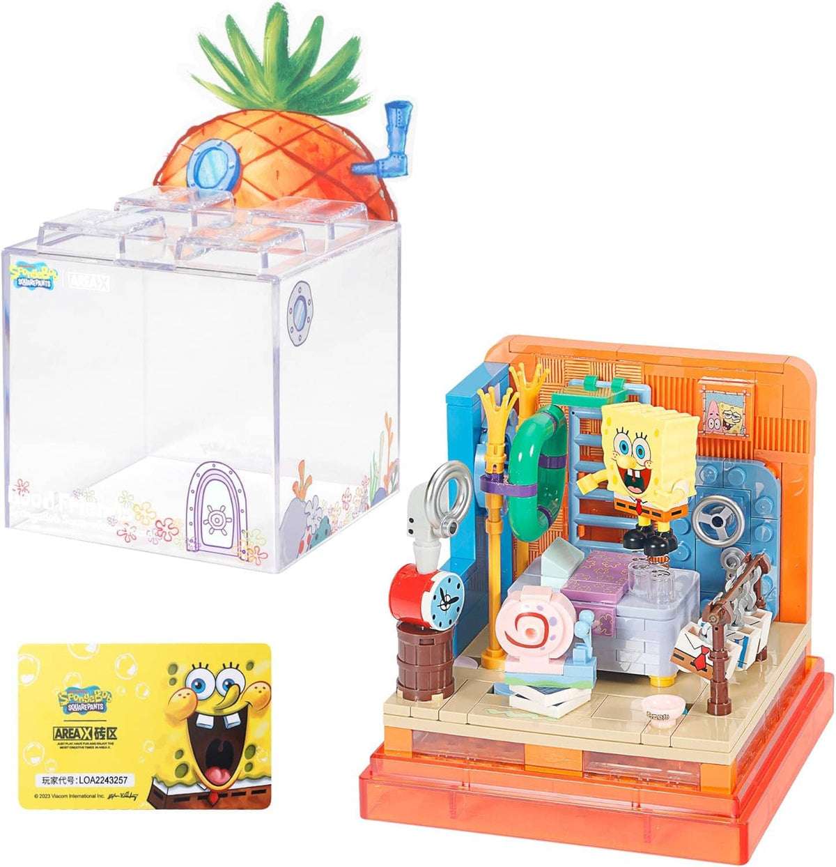 Pineapple-themed toy building brick set in clear display box with model pieces