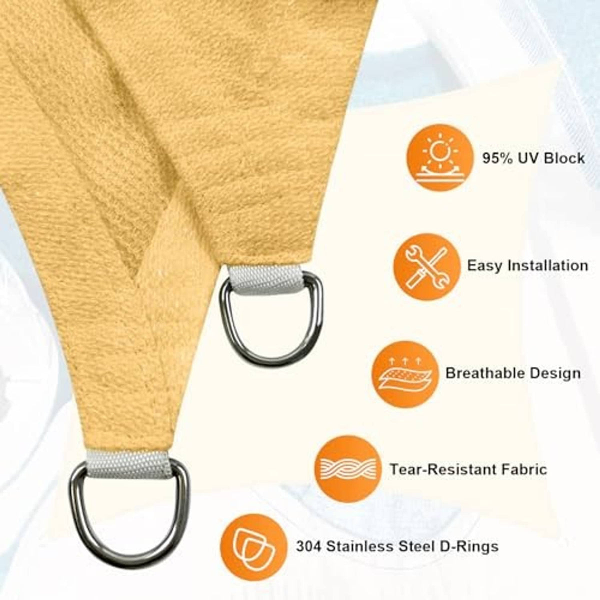 Sand shade sail fabric corner with two stainless steel D-rings for mounting