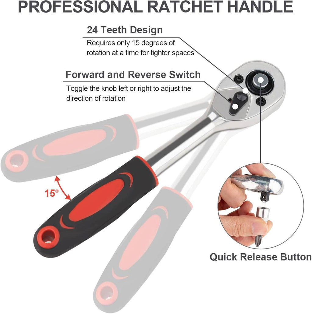 1/4-inch ratchet handle with black grip, forward/reverse switch, and quick release button