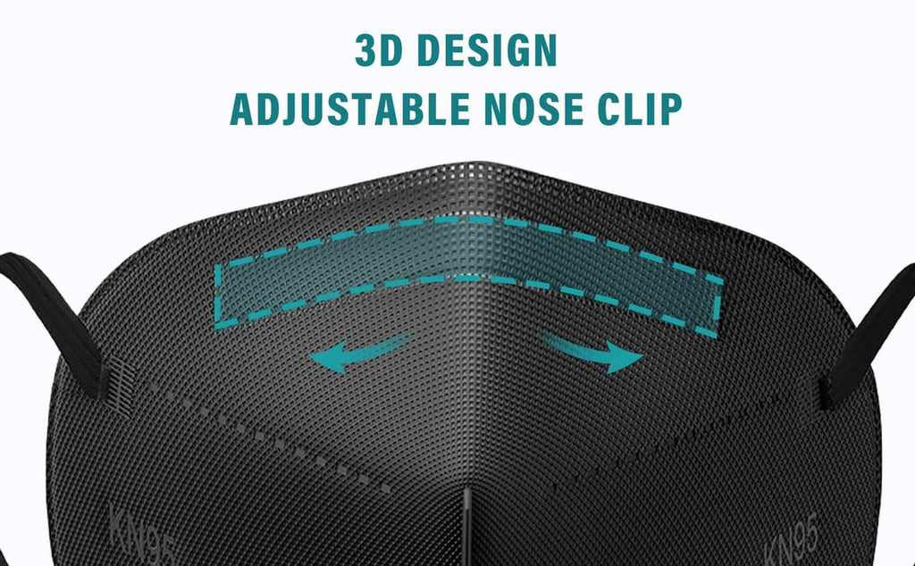 Black KN95 face mask with adjustable nose clip and contoured nose area