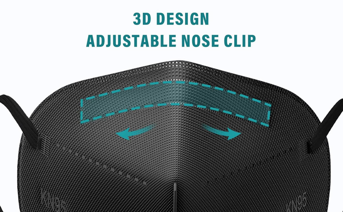 Black KN95 face mask with adjustable nose clip and contoured nose area