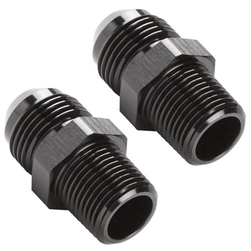 Black straight AN flare to 3/8 NPT male fittings, silver hex, ribbed hose-thread end