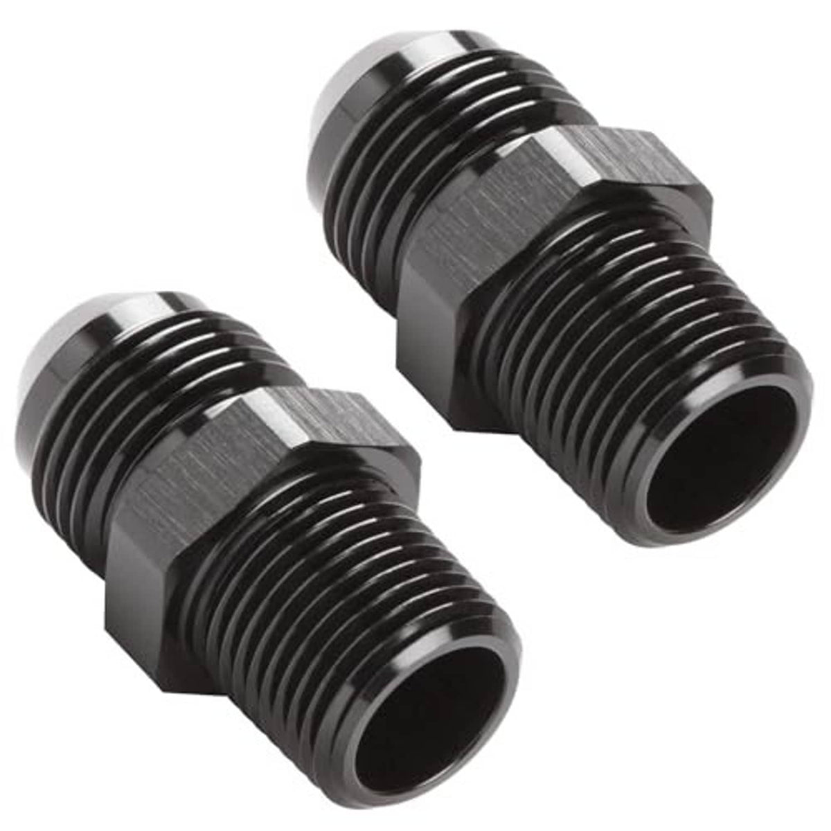 Black straight AN flare to 3/8 NPT male fittings, silver hex, ribbed hose-thread end