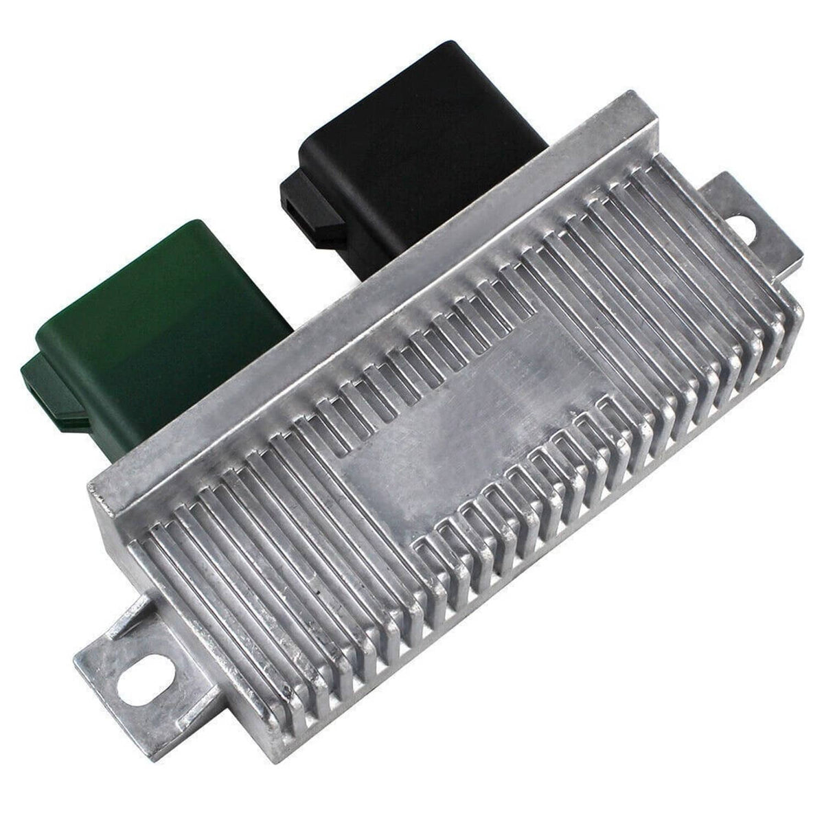Glow plug control relay module with silver finned heatsink and green/black terminal covers