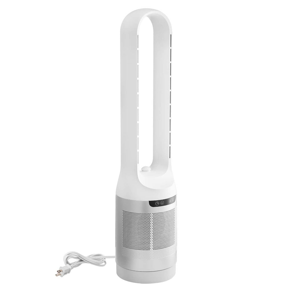 White bladeless tower fan with oval air outlet frame and power cord