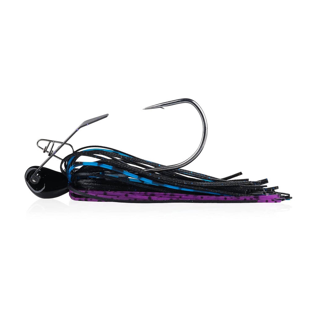 Black and purple bladed fishing jig with blue accents and exposed hook