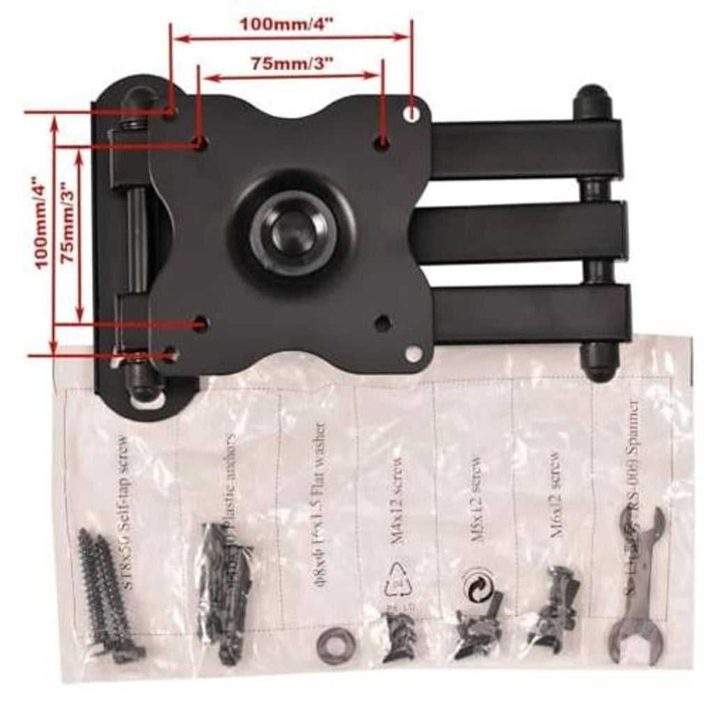 TV wall mount bracket with tilt arm shown front-side, plus hardware bag