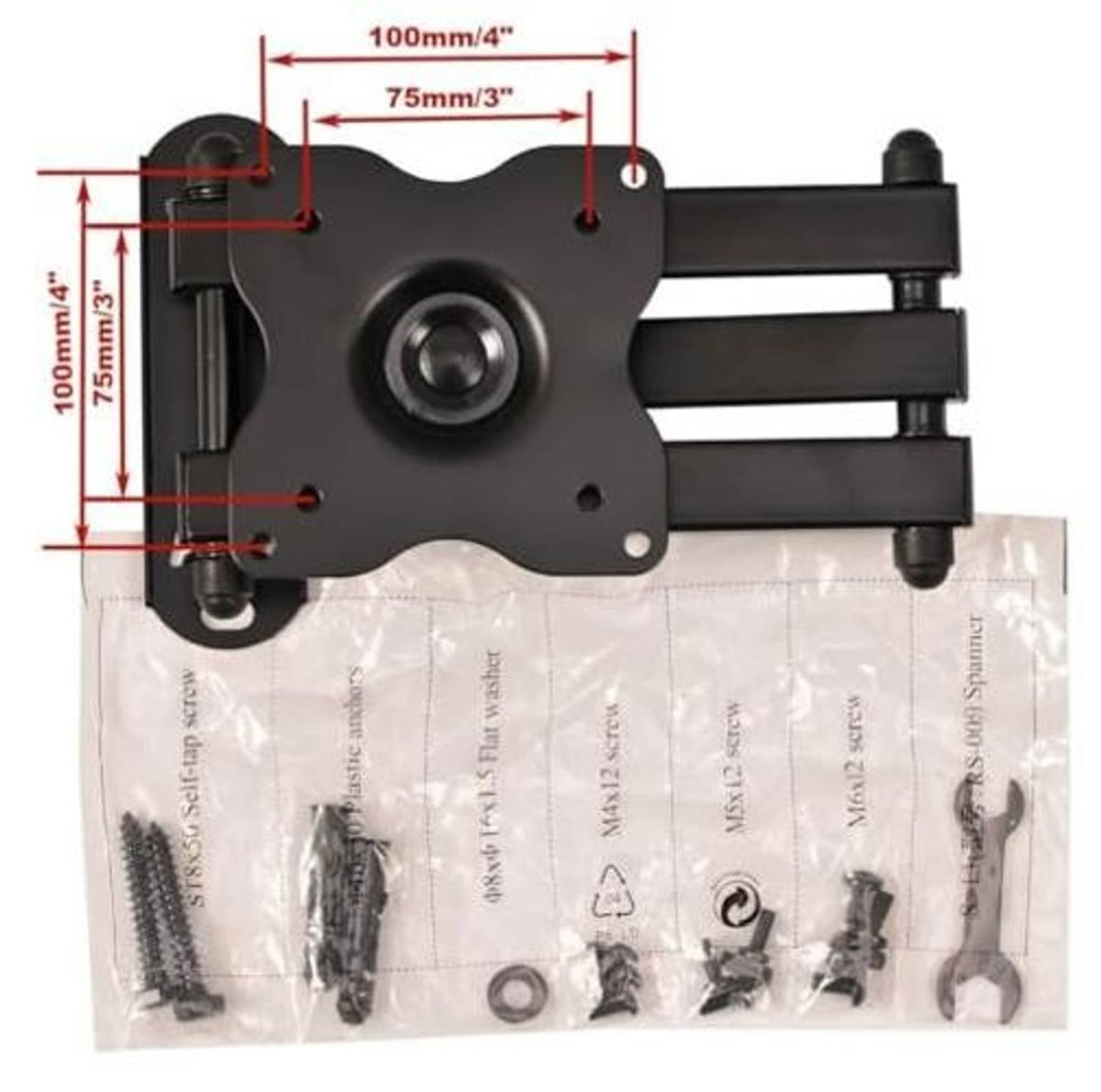 TV wall mount bracket with tilt arm shown front-side, plus hardware bag