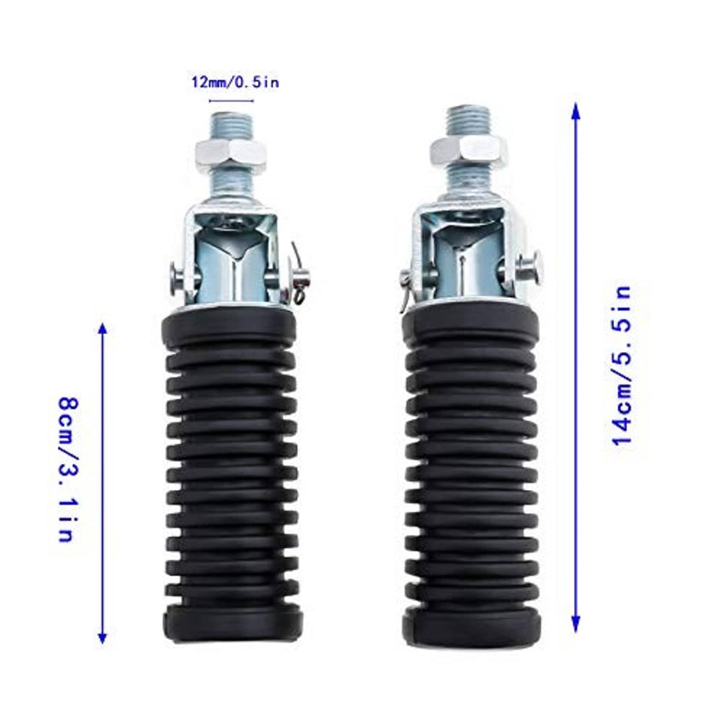 Pair of rear folding foot pegs with black ribbed rubber bellows and silver threaded bolts