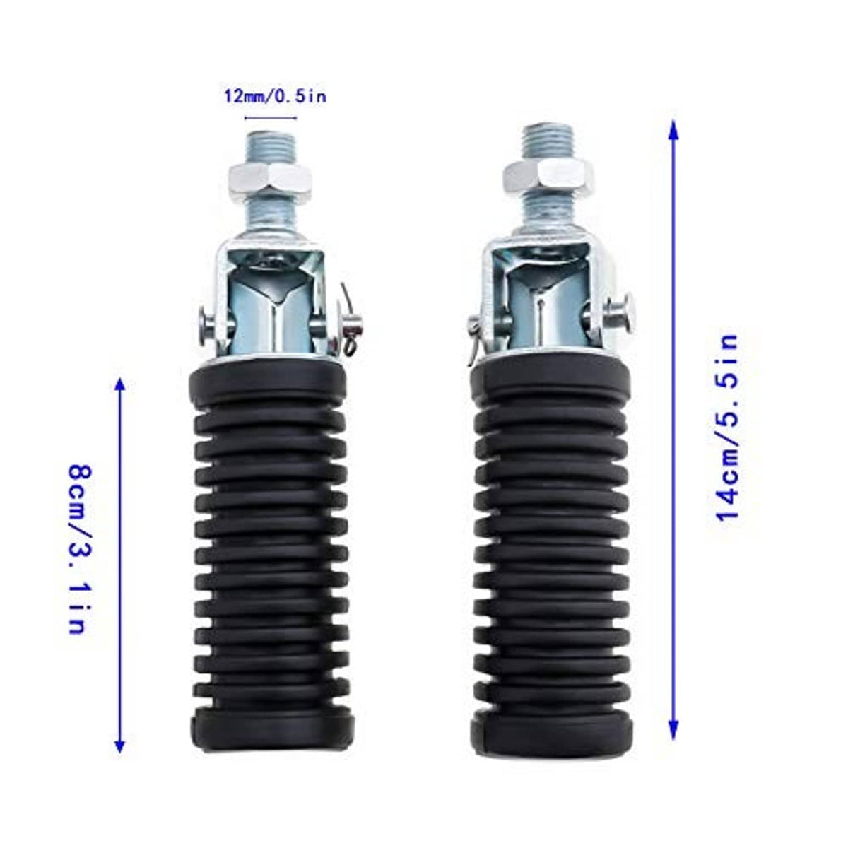 Pair of rear folding foot pegs with black ribbed rubber bellows and silver threaded bolts