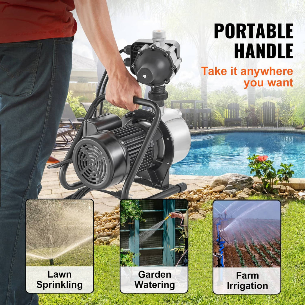 Portable jet pump with auto controller and carry handle for lawn sprinkling, garden watering, irrigation.