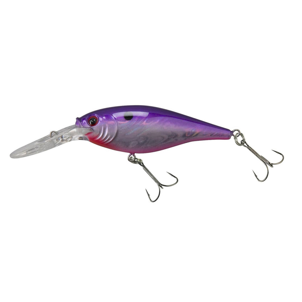 Purple and silver crankbait fishing lure with clear lip and three treble hooks