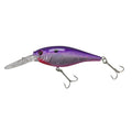 Purple and silver crankbait fishing lure with clear lip and three treble hooks