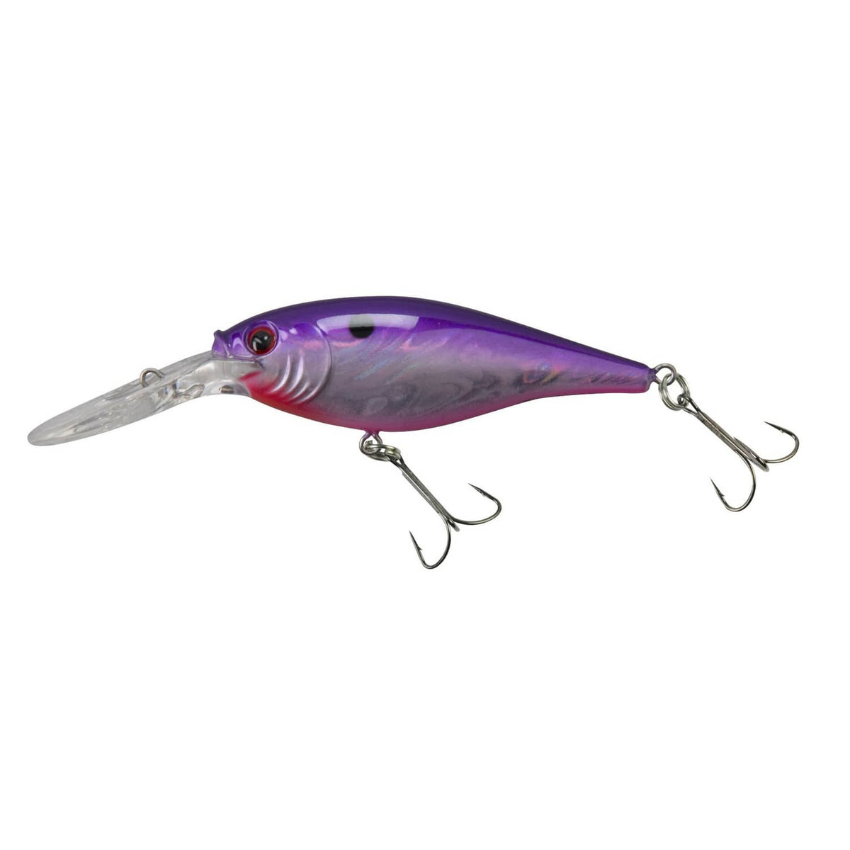 Purple and silver crankbait fishing lure with clear lip and three treble hooks