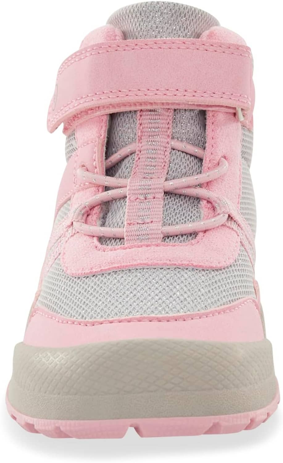 Kids' high-top sneakers, gray mesh look with pink strap and laces, padded collar