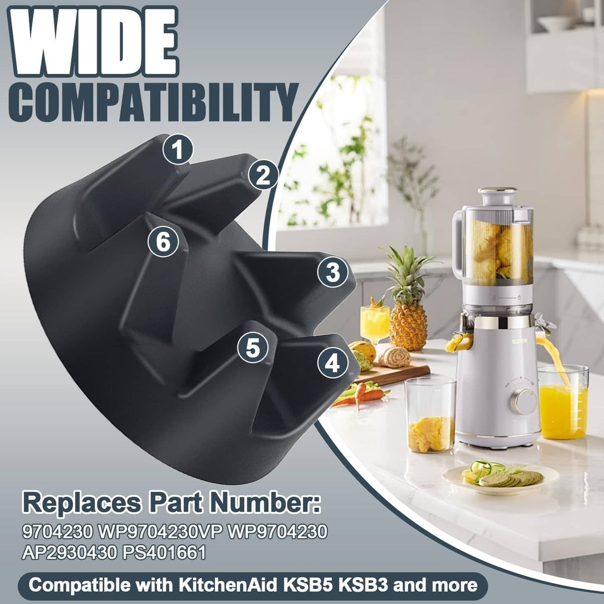 Black rubber blender coupler replacement part with molded compatibility tabs