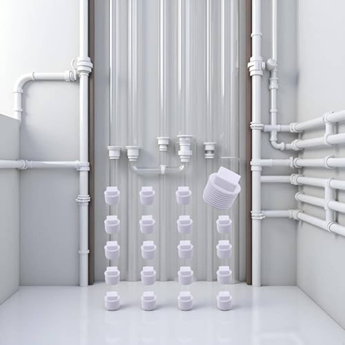 White PVC male threaded pipe end caps, 1/2 inch, caps arranged in a plumbing bay