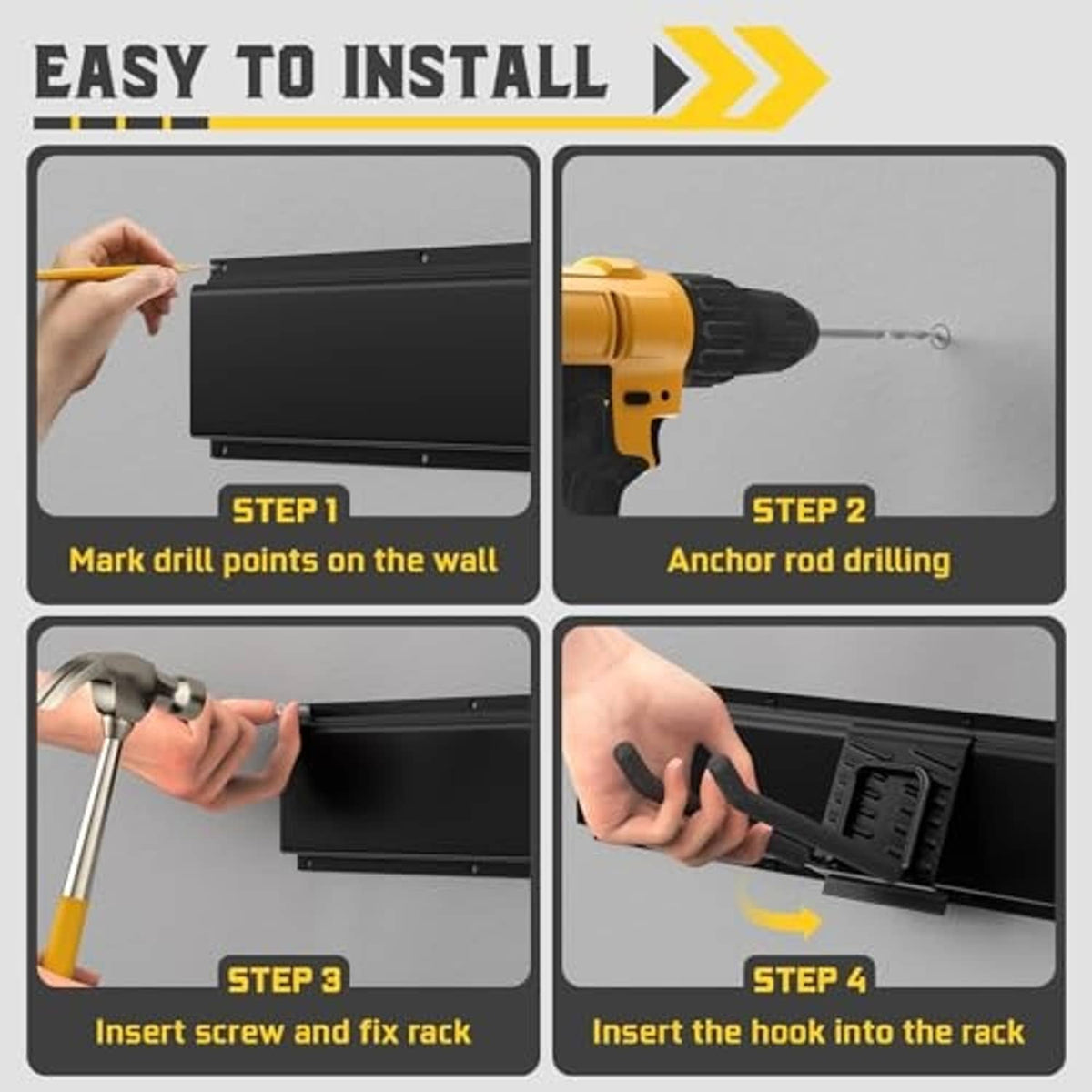 Installation steps for a black steel wall tool organizer rack with drill and screws