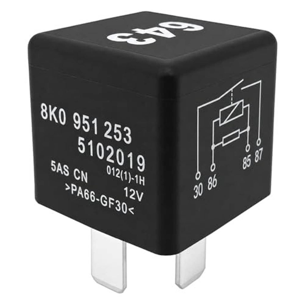 Black automotive relay with white label text on side and two silver plug prongs