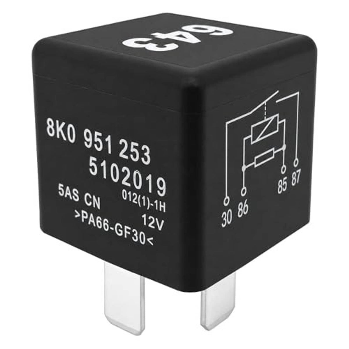 Black automotive relay with white label text on side and two silver plug prongs