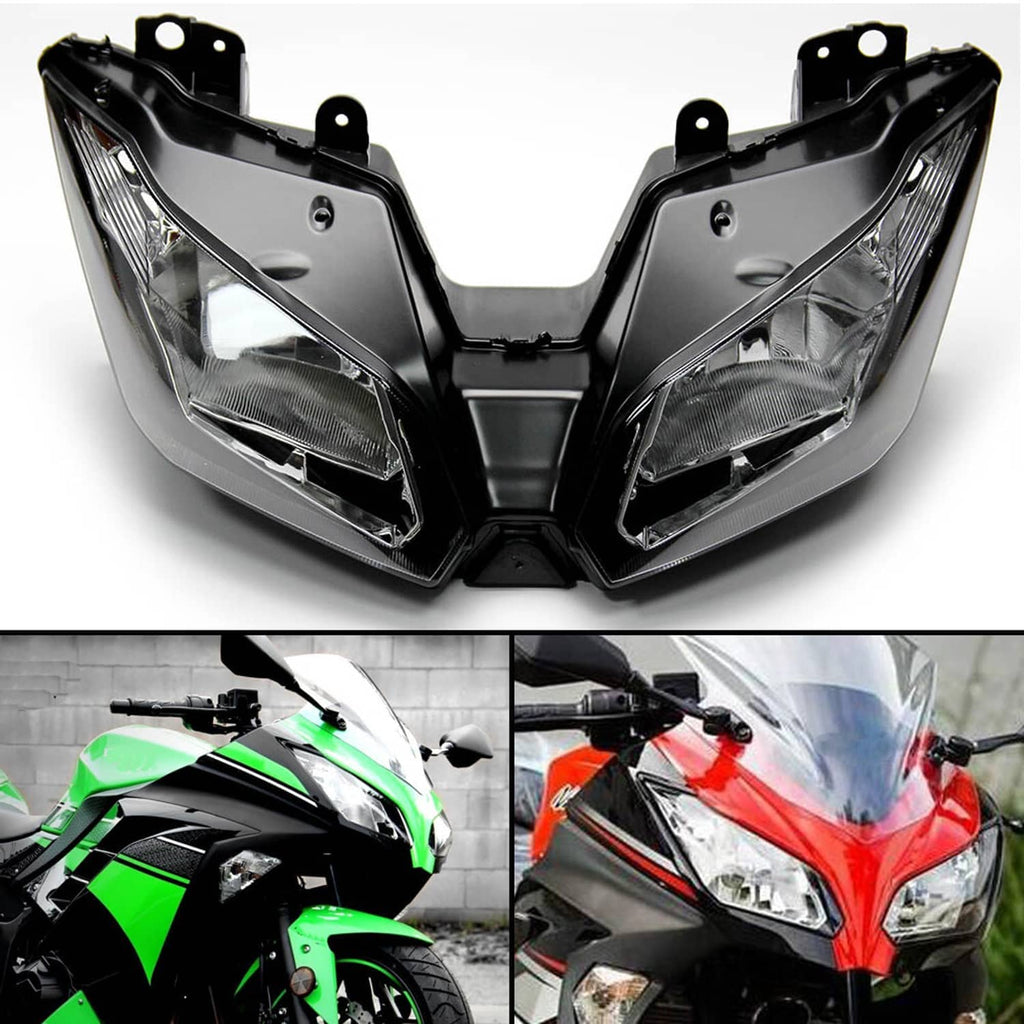 Motorcycle headlight assembly with dual clear lenses and black housing, front view