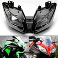 Motorcycle headlight assembly with dual clear lenses and black housing, front view