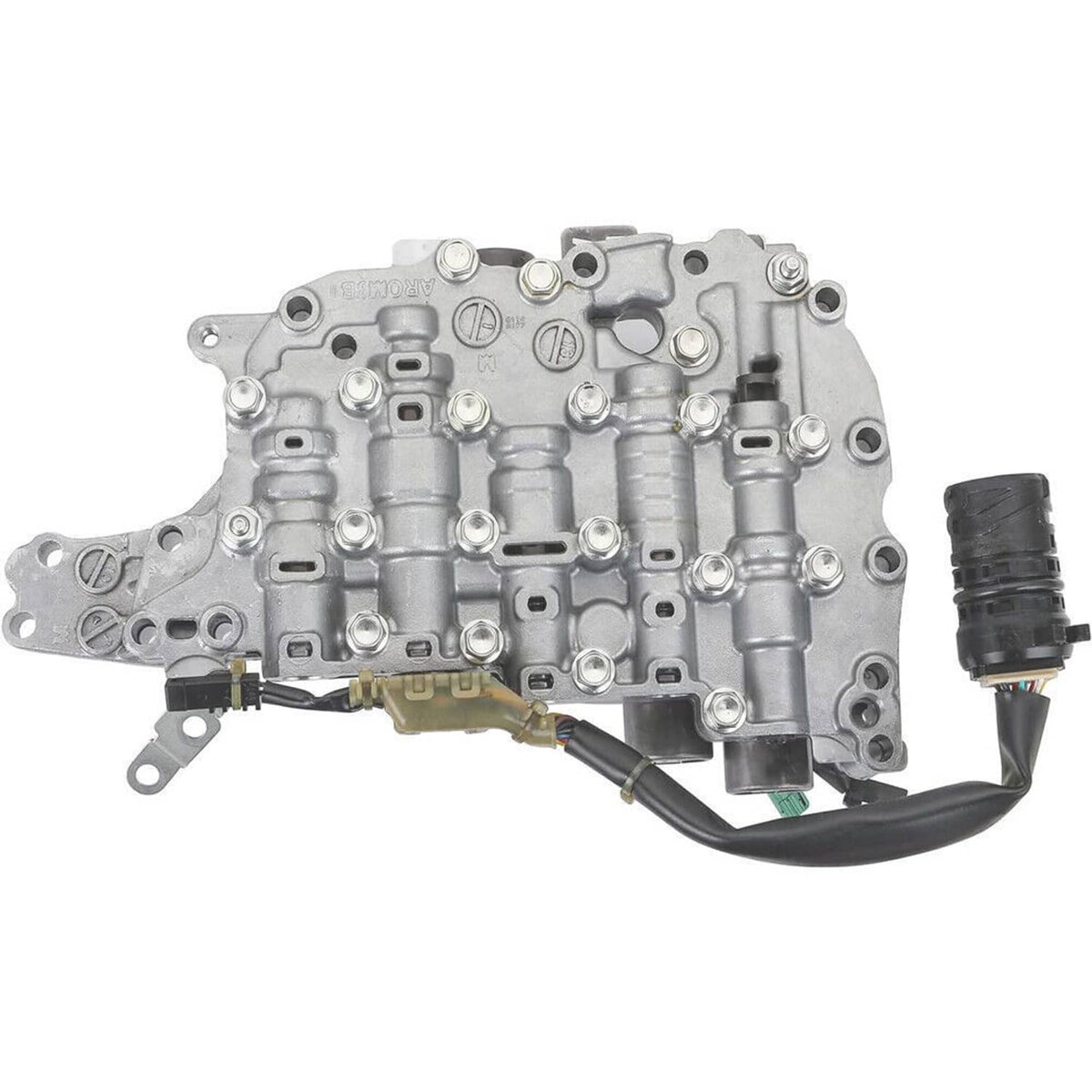 CVT transmission control valve body with solenoids, underside view with port openings