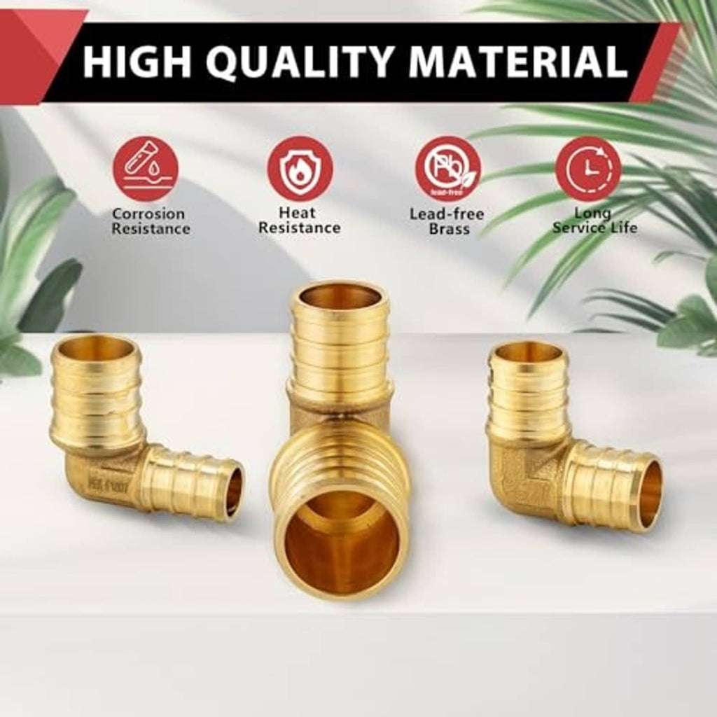 Brass 90-degree PEX elbow barb crimp fitting set, multiple pieces displayed