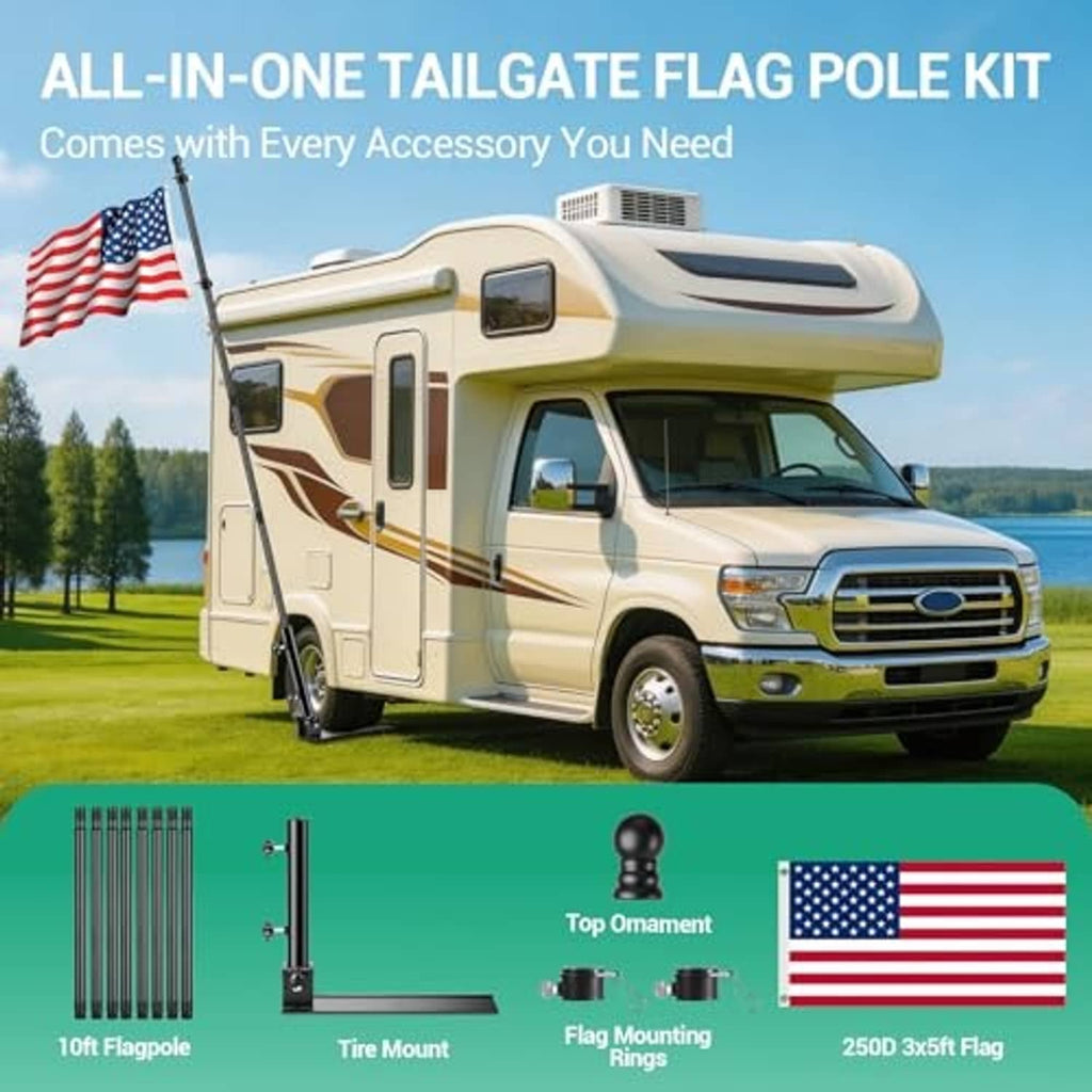 Tailgate flag pole kit with accessories, including flag mounting rings and 10ft pole