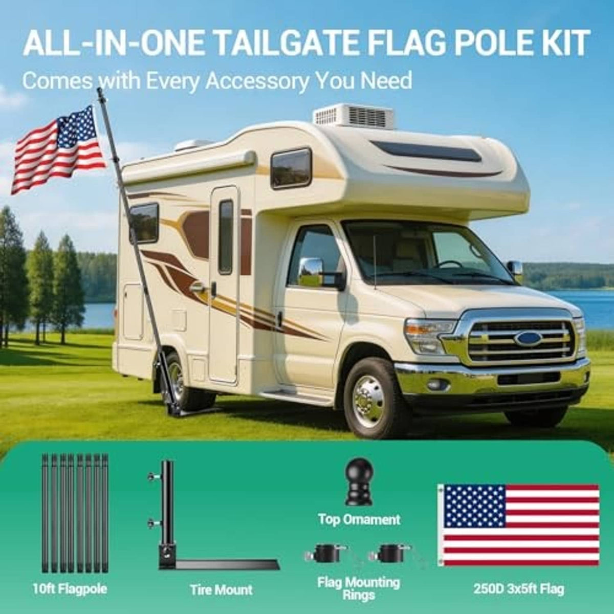 Tailgate flag pole kit with accessories, including flag mounting rings and 10ft pole