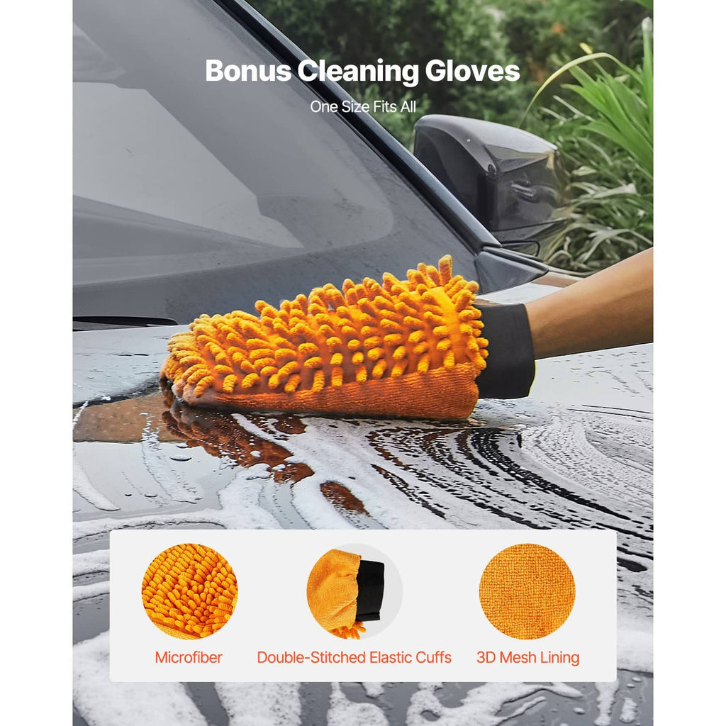 Orange microfiber cleaning glove for pressure washing with textured pile and snug cuff