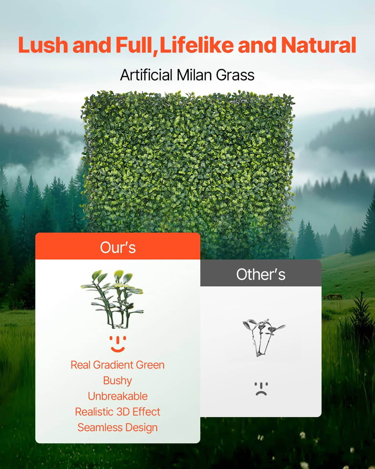 Green artificial grass wall panel with dense hedge-like texture