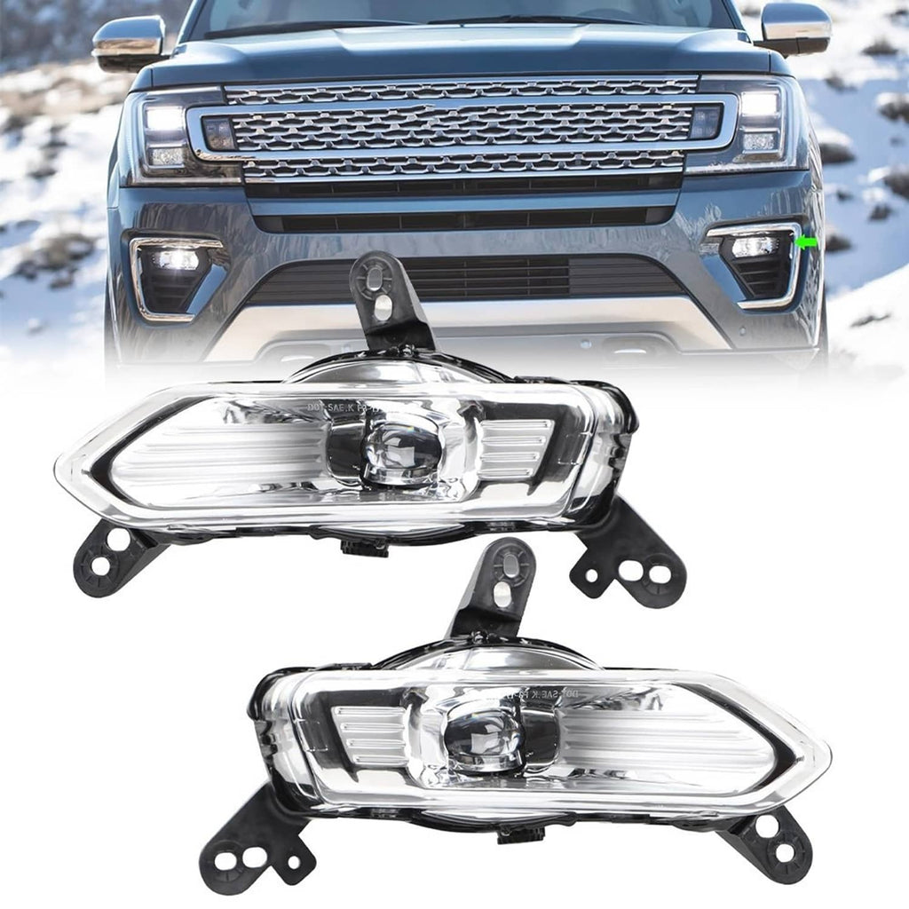 Two front fog light assemblies with chrome lenses and black mounting hardware
