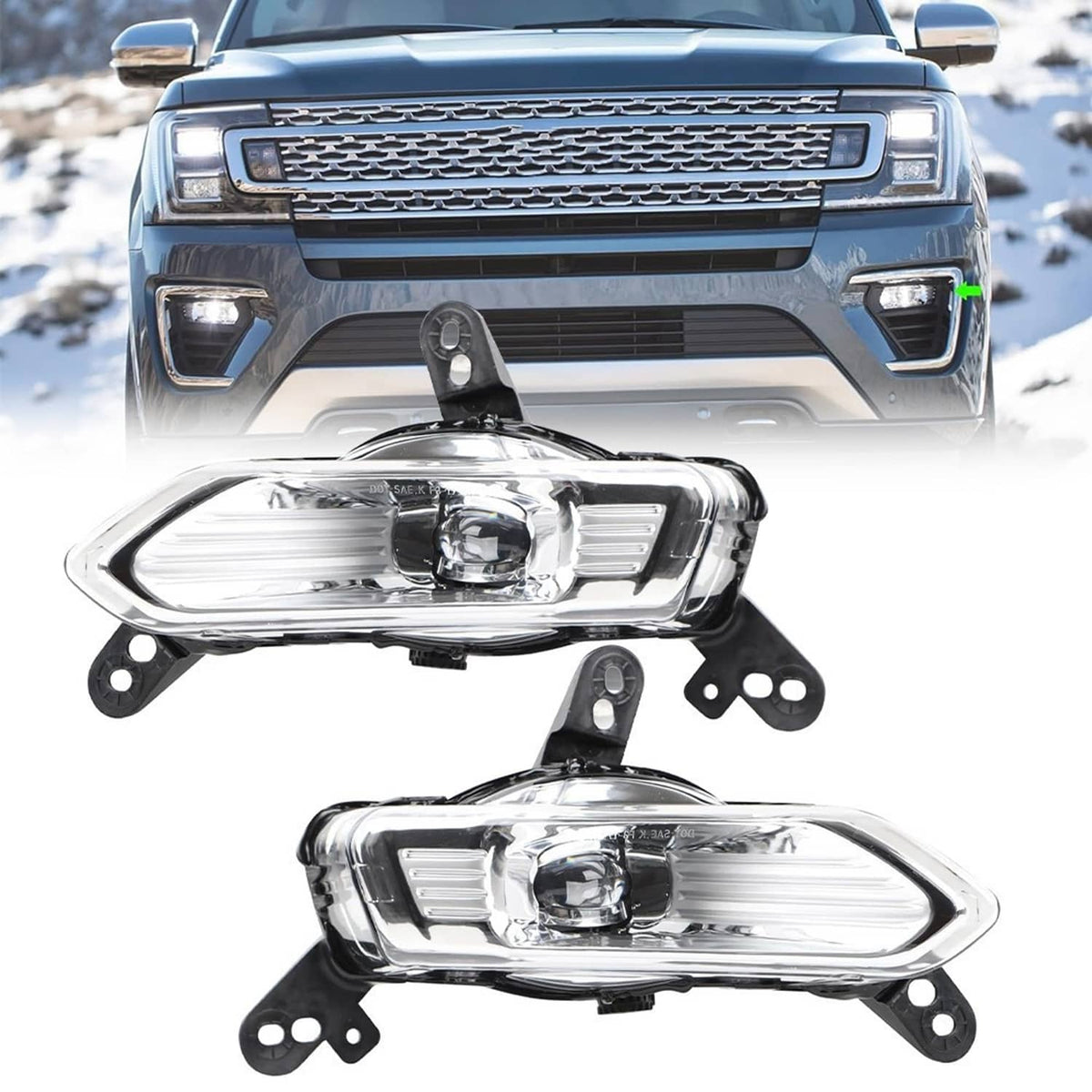 Two front fog light assemblies with chrome lenses and black mounting hardware