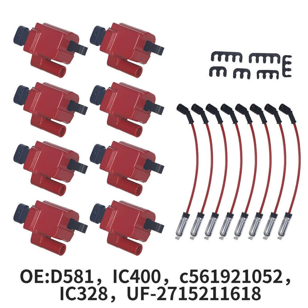 Set of red square ignition coils with spark plug wires and boot terminals