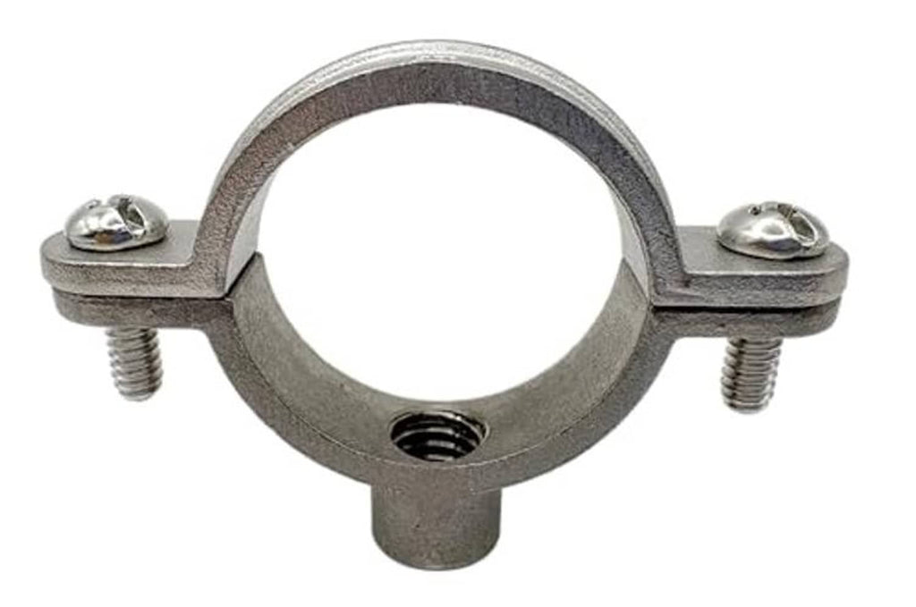 Stainless steel split ring hanger with two top screws and central pipe-mount opening