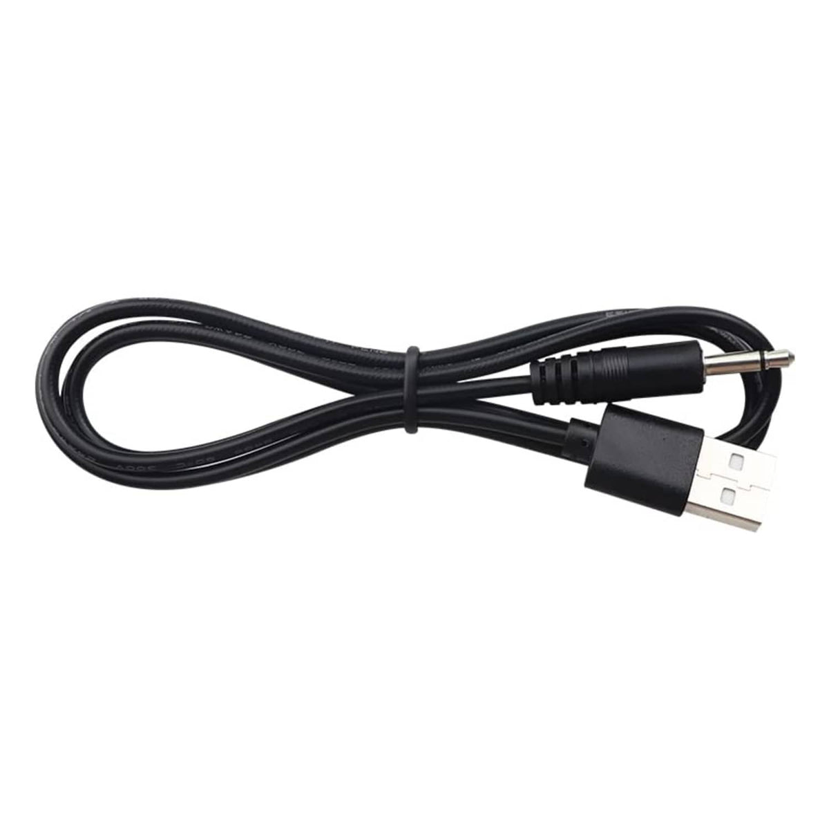 Coiled black USB-A to 3.5mm audio charging cable
