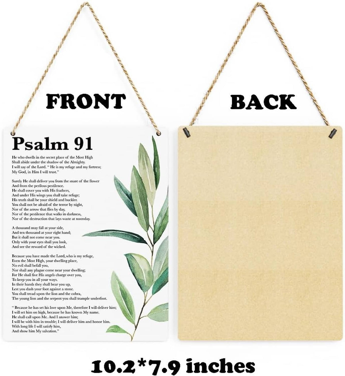 Psalm 91 scripture wall art front and back view, shown with rope hanging