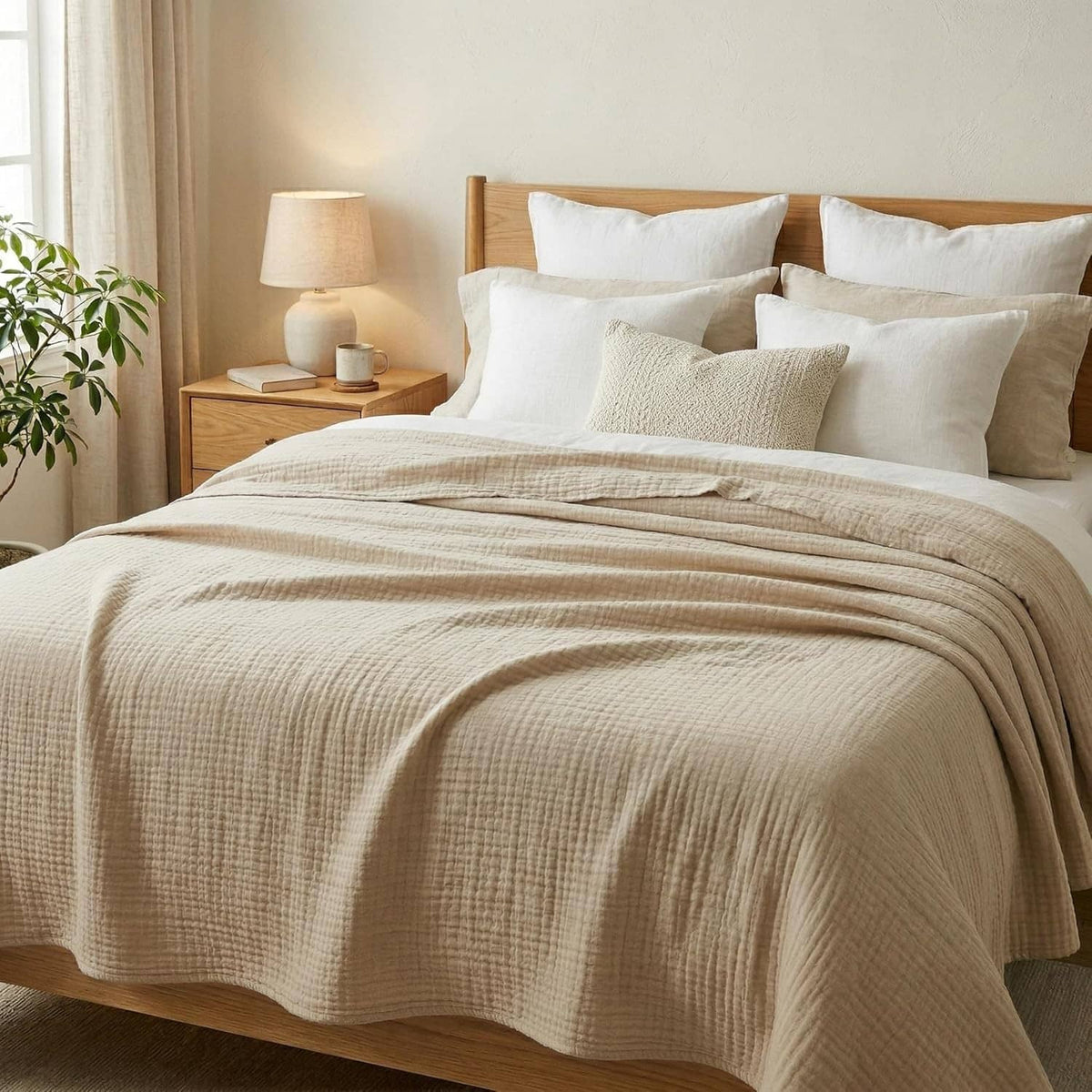 Cream king-size muslin blanket neatly layered over a bed with pillow accents.