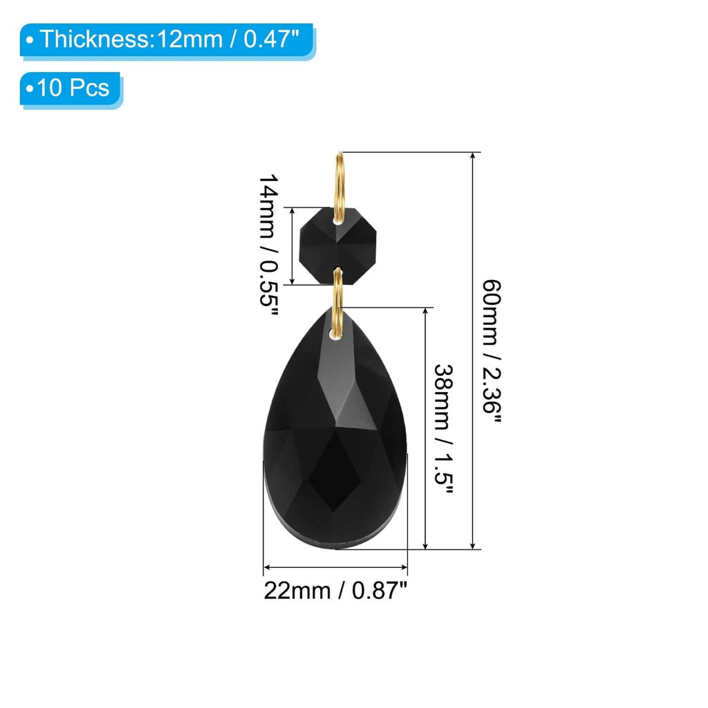 Black teardrop crystal pendant bead with gold tone loop, size diagram view