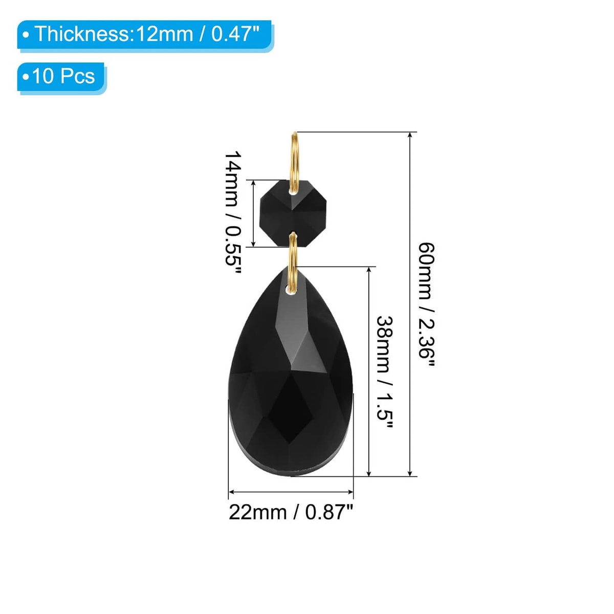 Black teardrop crystal pendant bead with gold tone loop, size diagram view
