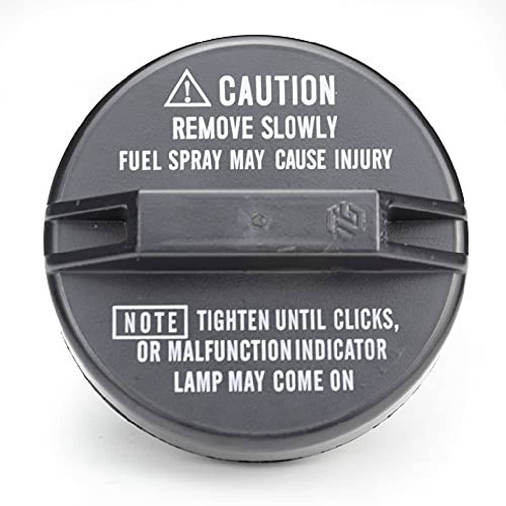Fuel cap front view with caution warning text and note about tightening until clicks