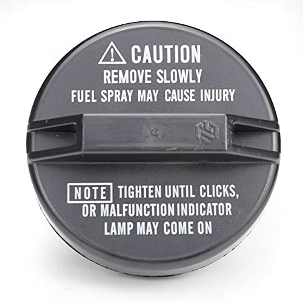 Fuel cap front view with caution warning text and note about tightening until clicks