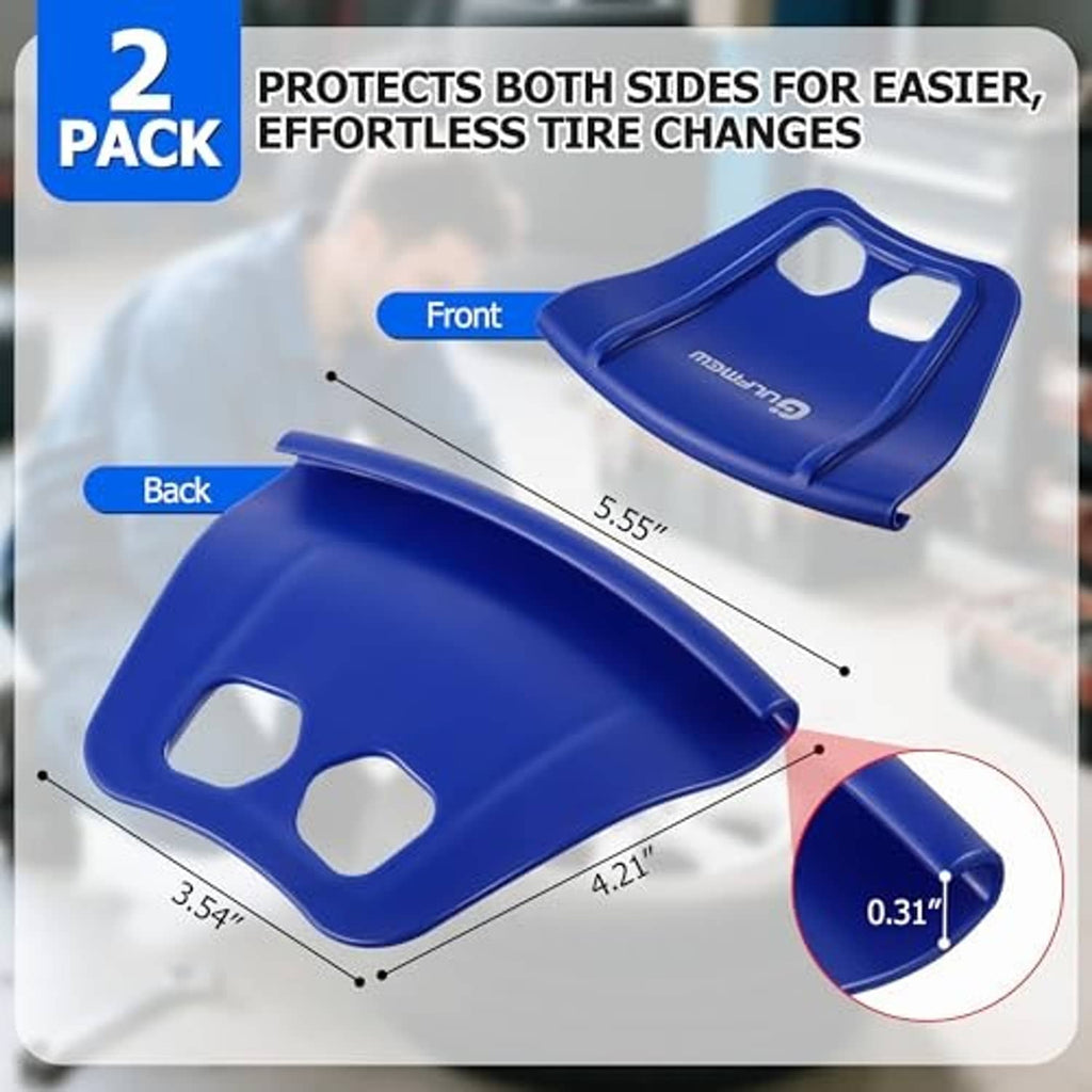 Blue 2-pack wheel rim guard kit with front and back pieces and small dimension callouts
