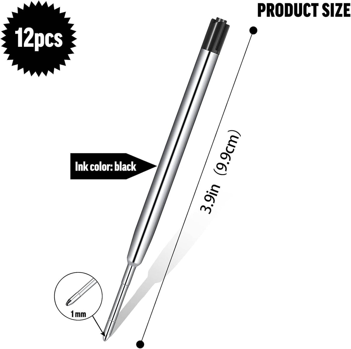 12-pack black ink pen refill set with 1.0mm ballpoint tips and metal barrels