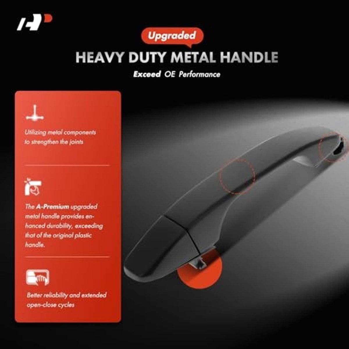 Black heavy-duty metal exterior door handle, angled close-up with curved grip